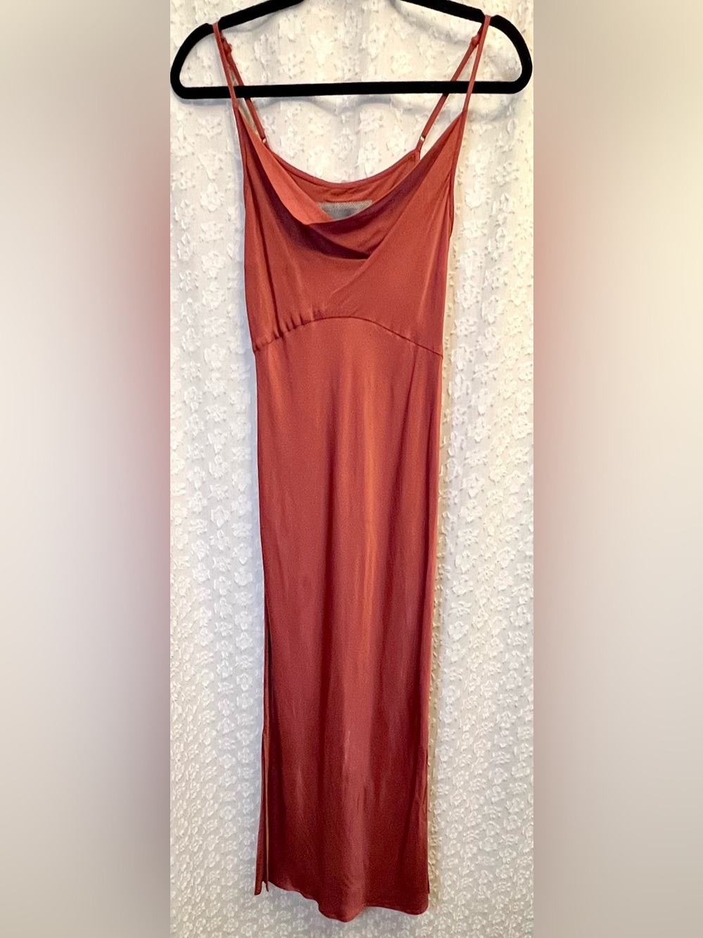 Anthropologie Elyse Slip Dress XS Burnt Orange Sienna Cowl Neck Viscose Midi